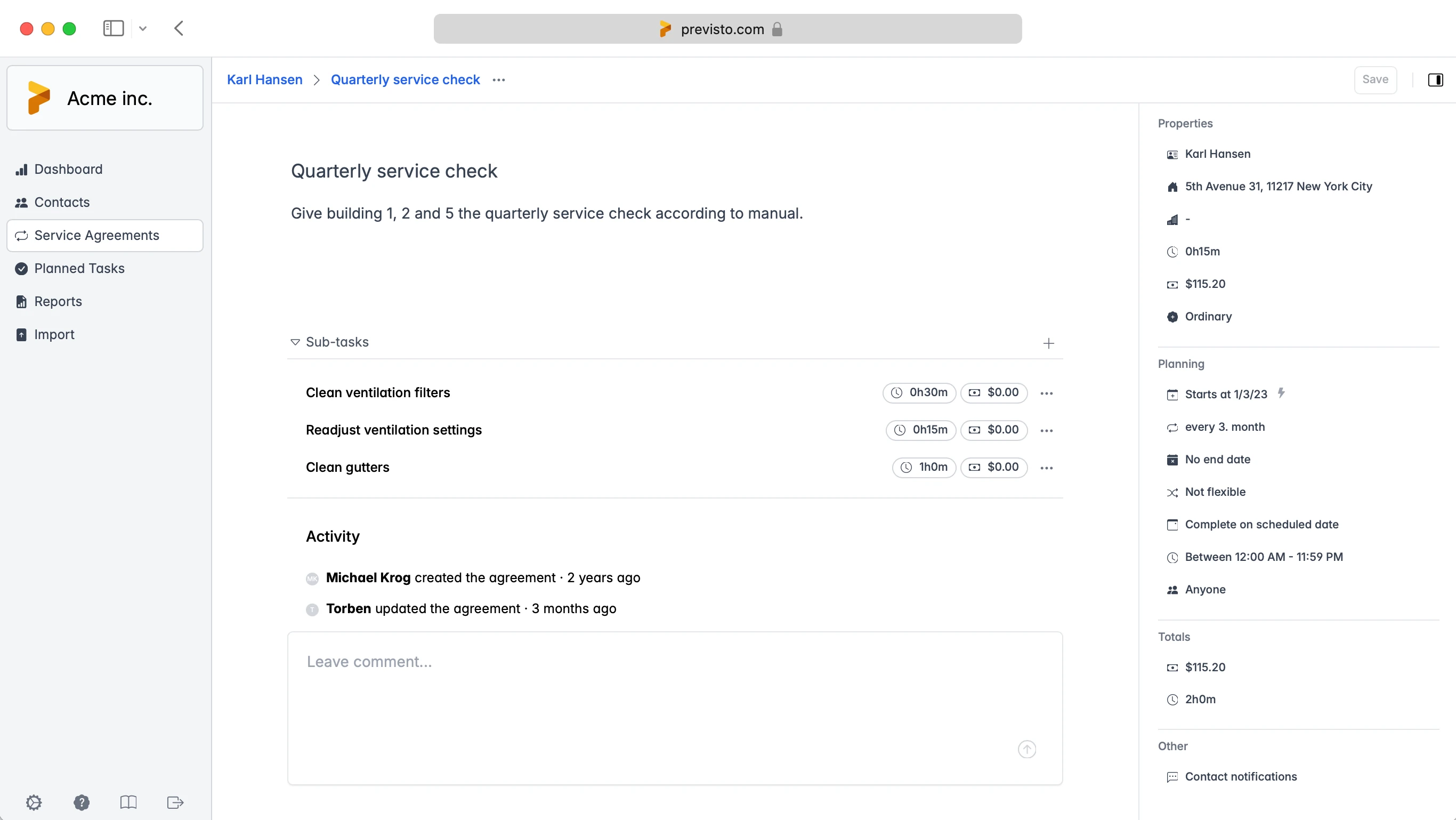 Service agreements in Previsto